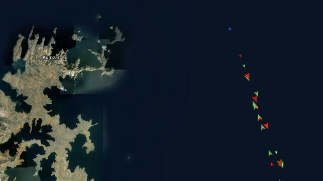 False AIS signals purporting to show traffic to and from the Strait of Hormuz, March 9. Real traffic could resume soon, under the right conditions (MarineTraffic)