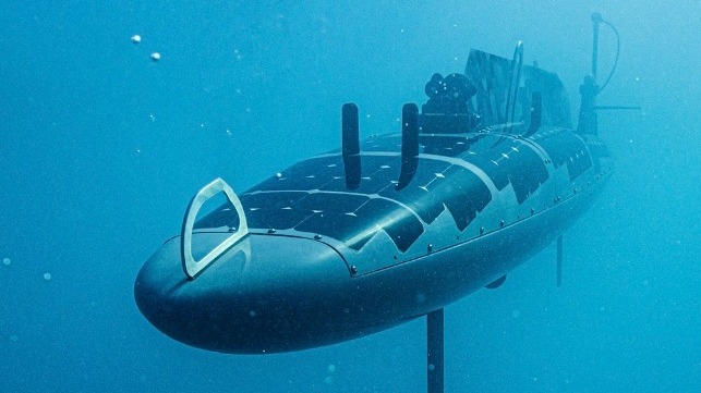 Ocean Aero's Triton drone boat in submergence mode, with sail lowered (Ocean Aero press handout)