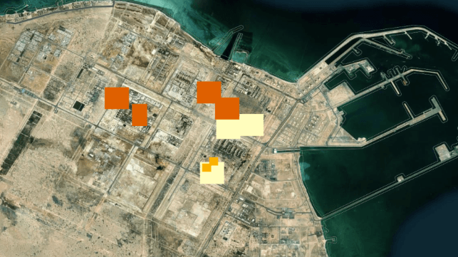NASA FIRMS infrared data for Ras Laffan, March 18. Orange sections indicate heat signatures less than three hours old (NASA)