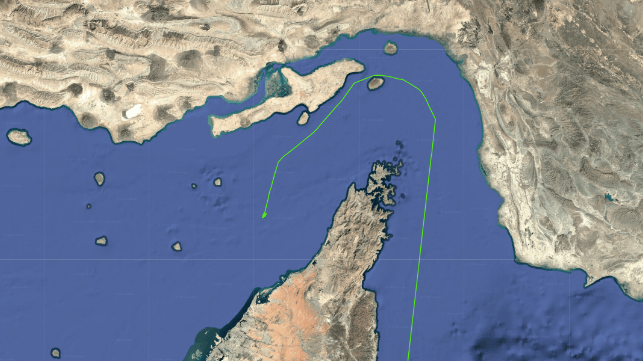 An Iran-linked bulker departs the shipping lanes and transits around Larak with its AIS on (Pole Star Global)