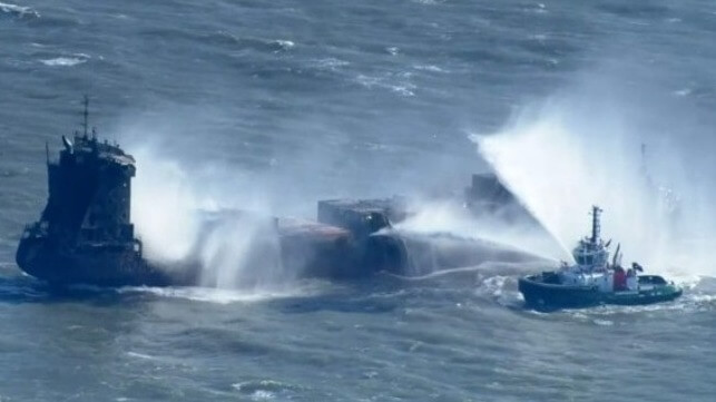 containership burning after collision