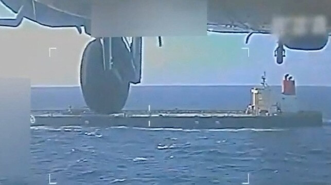 An American helicopter approaches the tanker Skipper off Venezuela, Dec. 10 (DOJ)